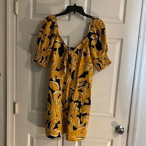Who What Wear Yellow and Black Puff Sleeve Off or On Shoulder Mini Dress